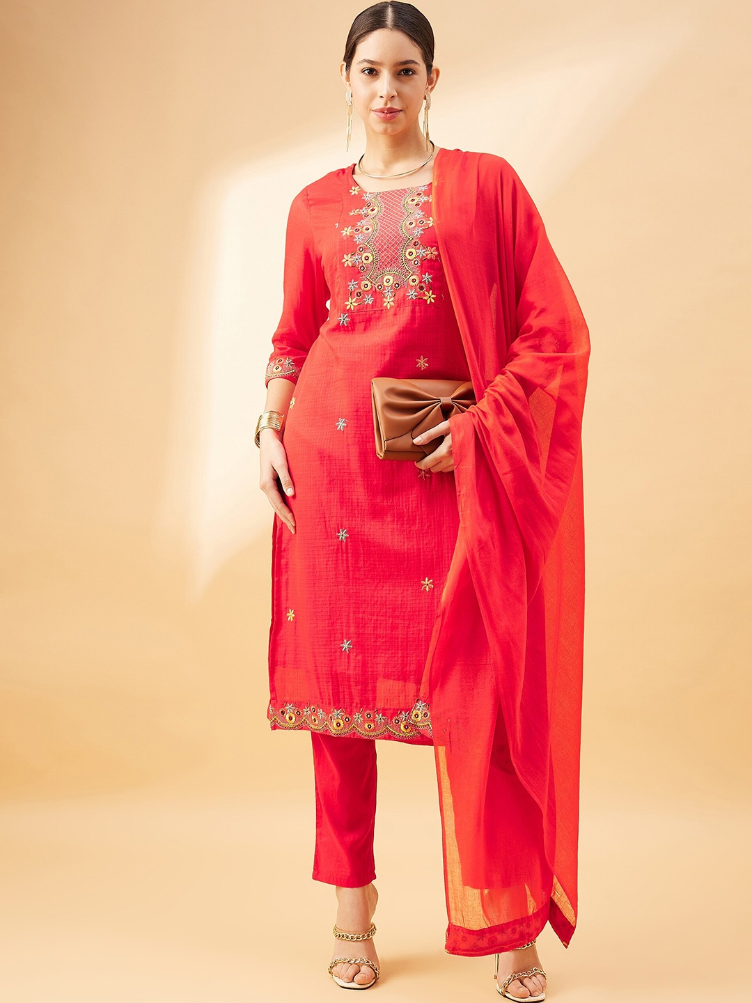 

all about you Red Ethnic Motifs Embroidered Mirror Work Kurta With Trousers & Dupatta