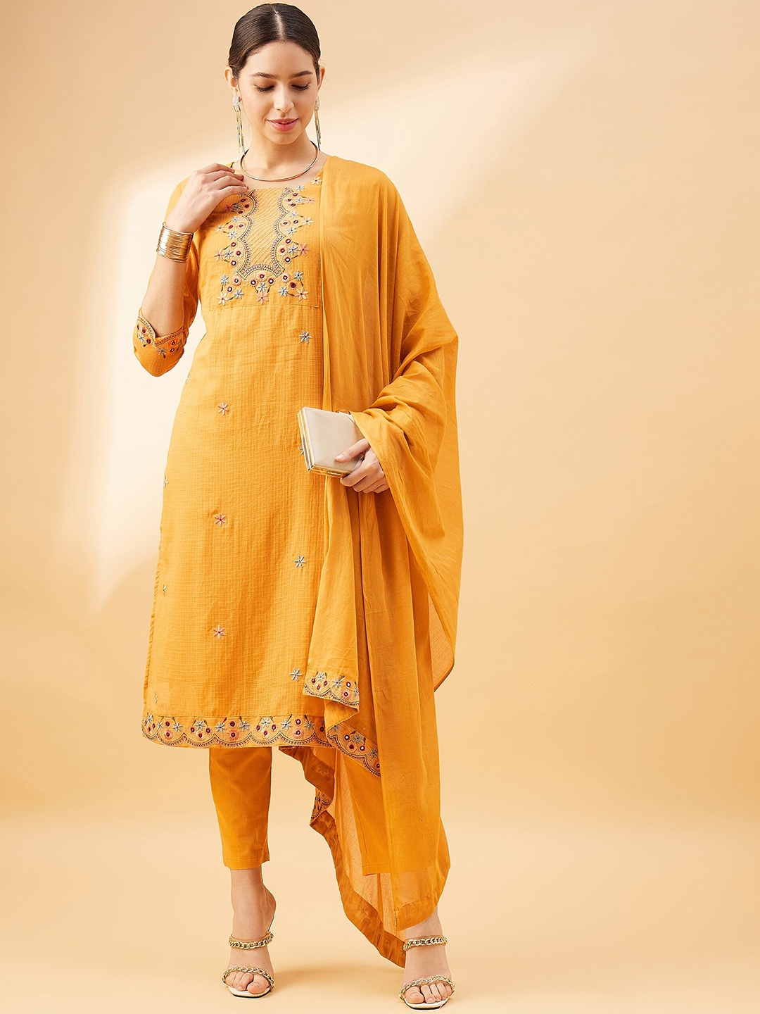 

all about you Mustard Yellow Ethnic Motifs Mirror Work Kurta With Trousers & Dupatta