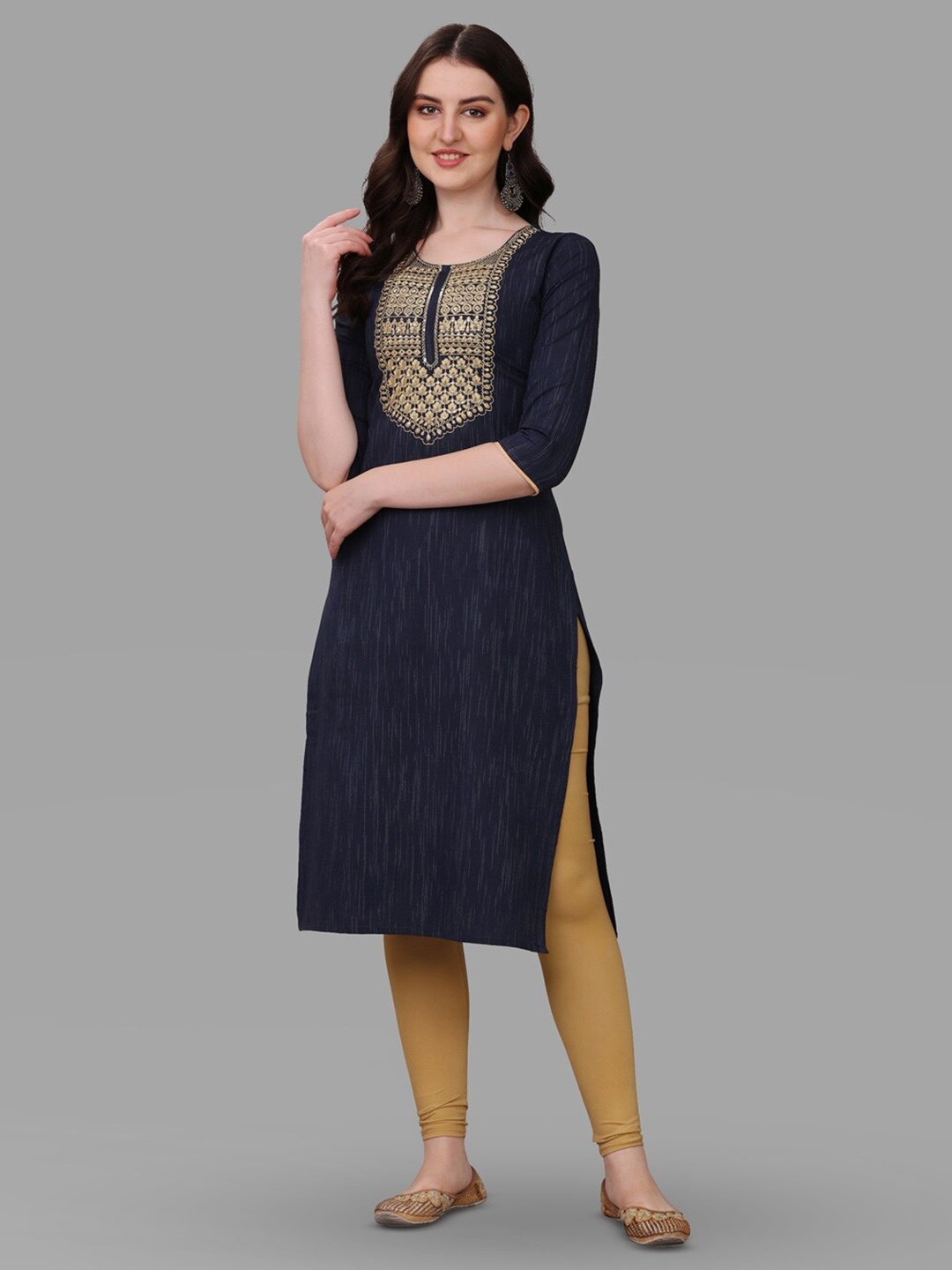 

CANIZZARO Women Blue Ethnic Motifs Yoke Design Sequinned Straight Kurta