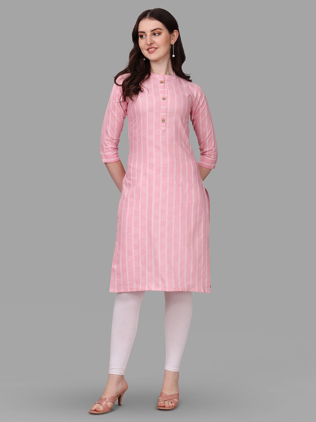 

CANIZZARO Striped Mandarin Collar Straight Kurta, Pink