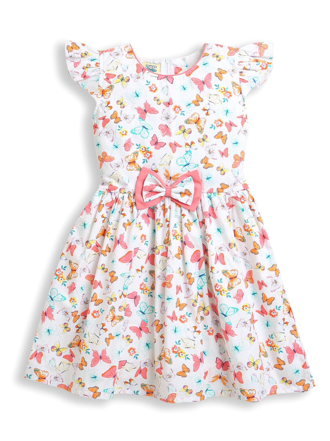 

ZIP ZAP ZOOP Girls Printed Round Neck Flutter Sleeves Fit & Flare Dress, Pink