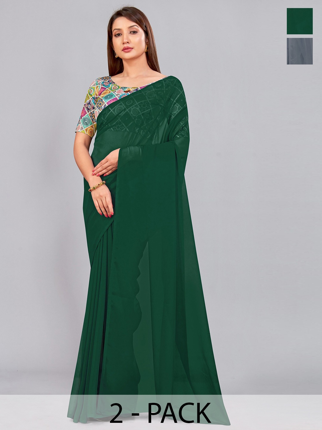 

CastilloFab Selection of 2 Pure Georgette Sarees, Green