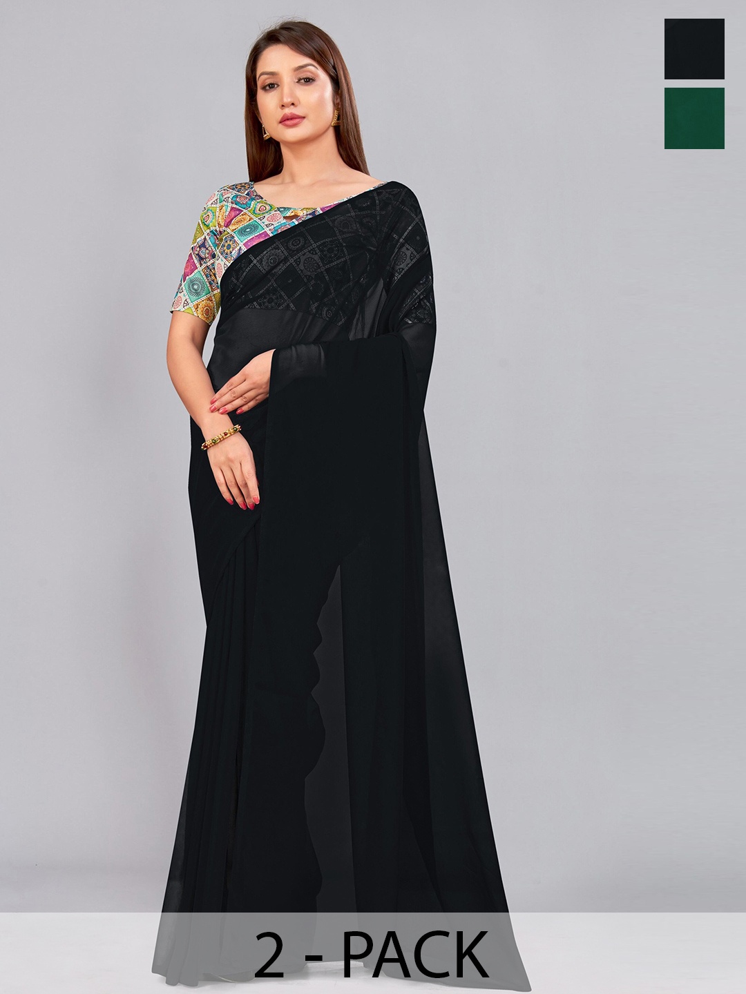 

CastilloFab Selection Of 2 Pure Georgette Saree, Black