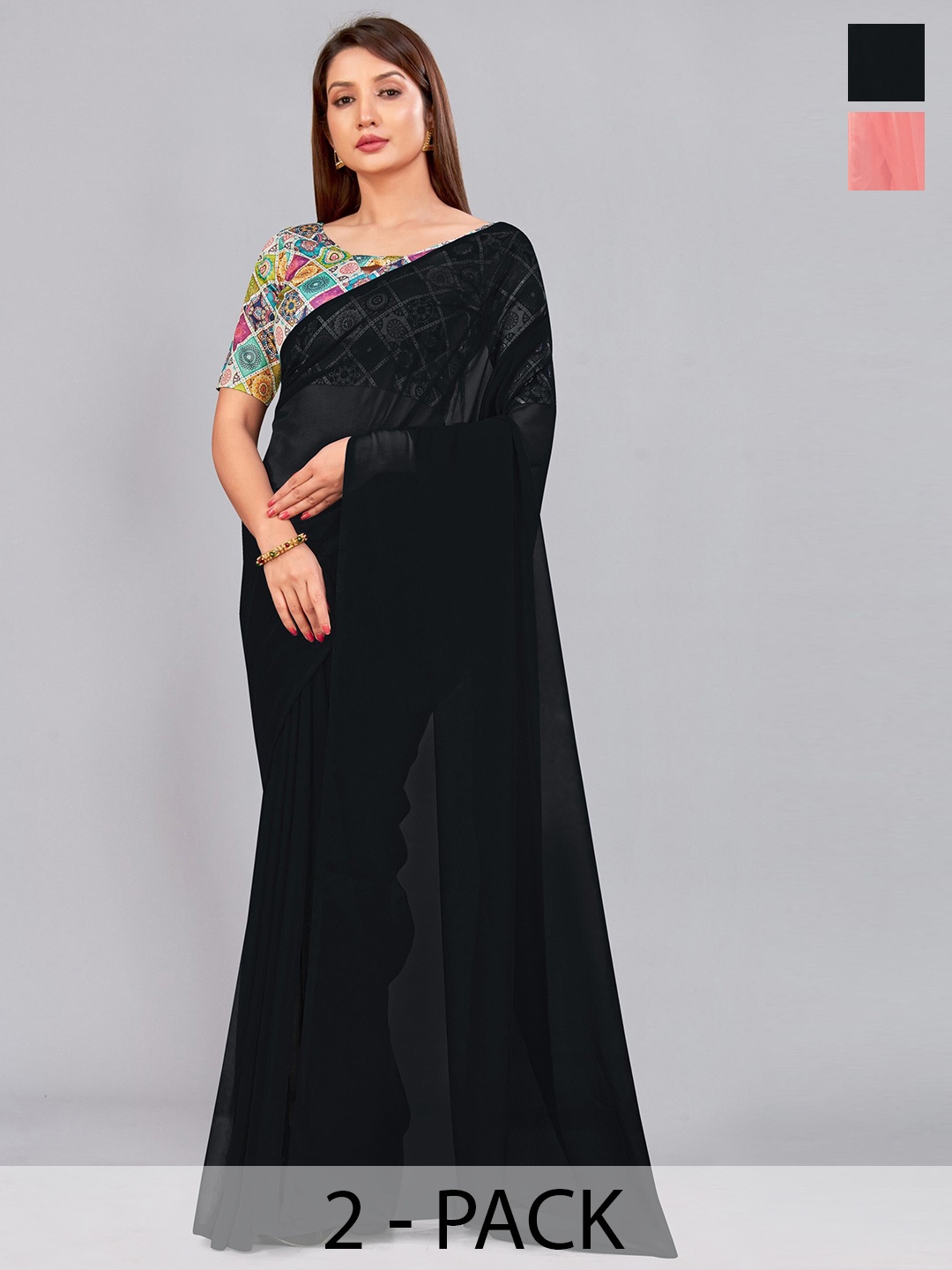 

CastilloFab Selection Of 2 Pure Georgette Saree, Black