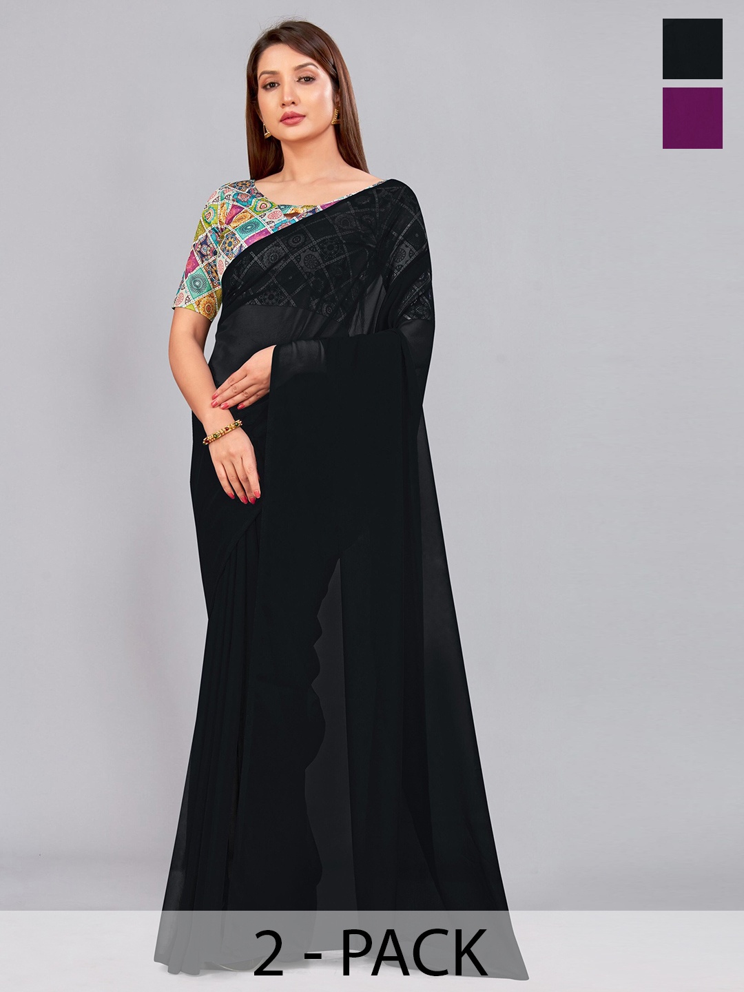 

CastilloFab Selection of 2 Pure Georgette Saree, Black