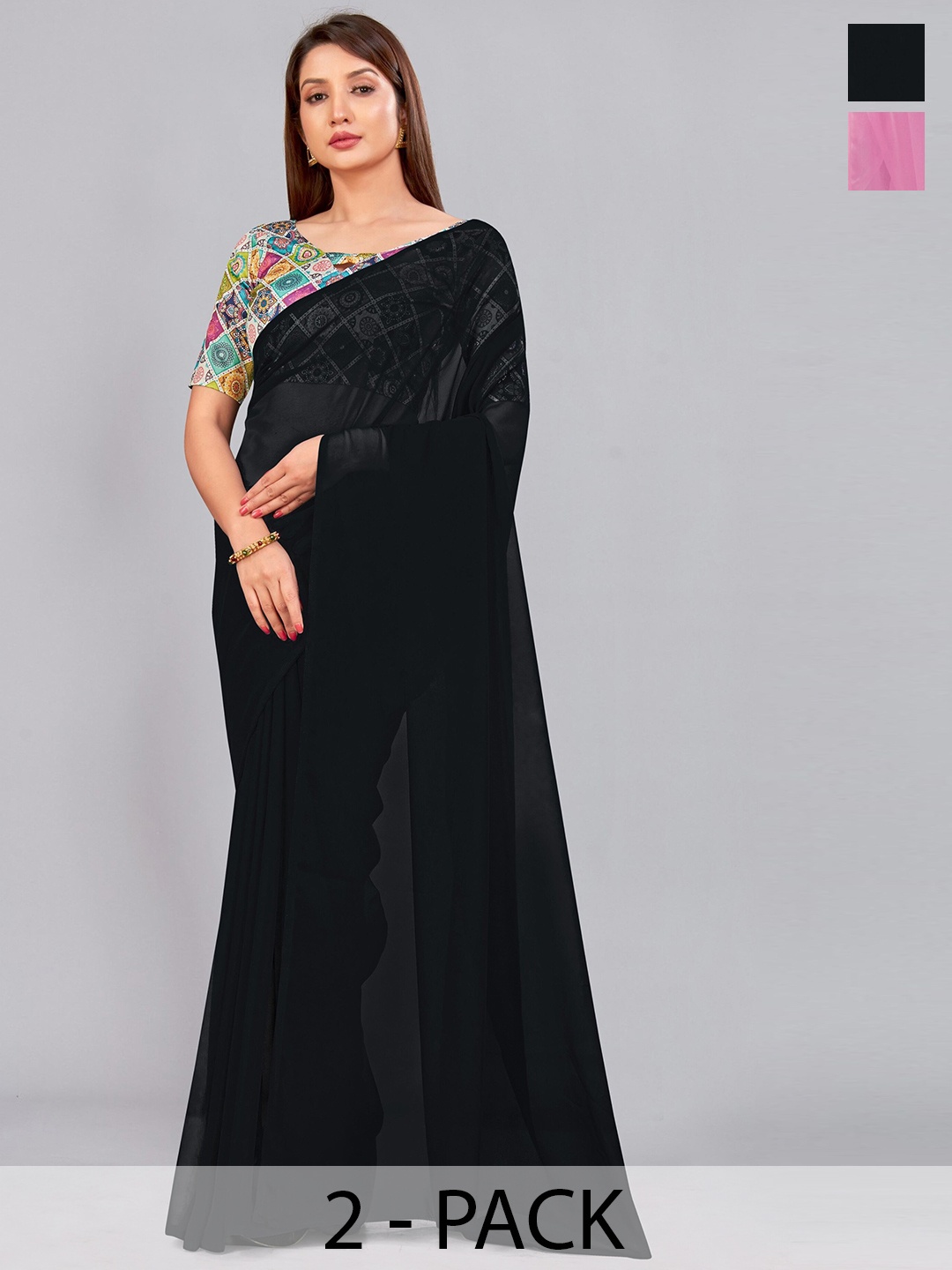 

CastilloFab Selection of 2 Pure Georgette Saree, Black