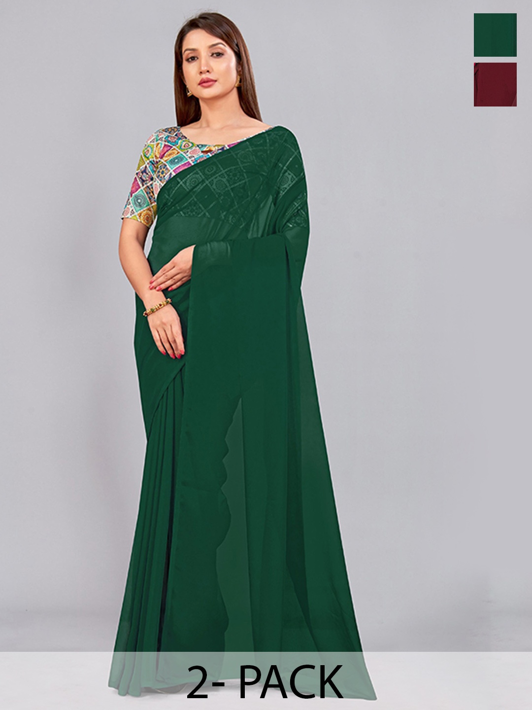 

CastilloFab Selection of 2 Pure Georgette Saree, Green