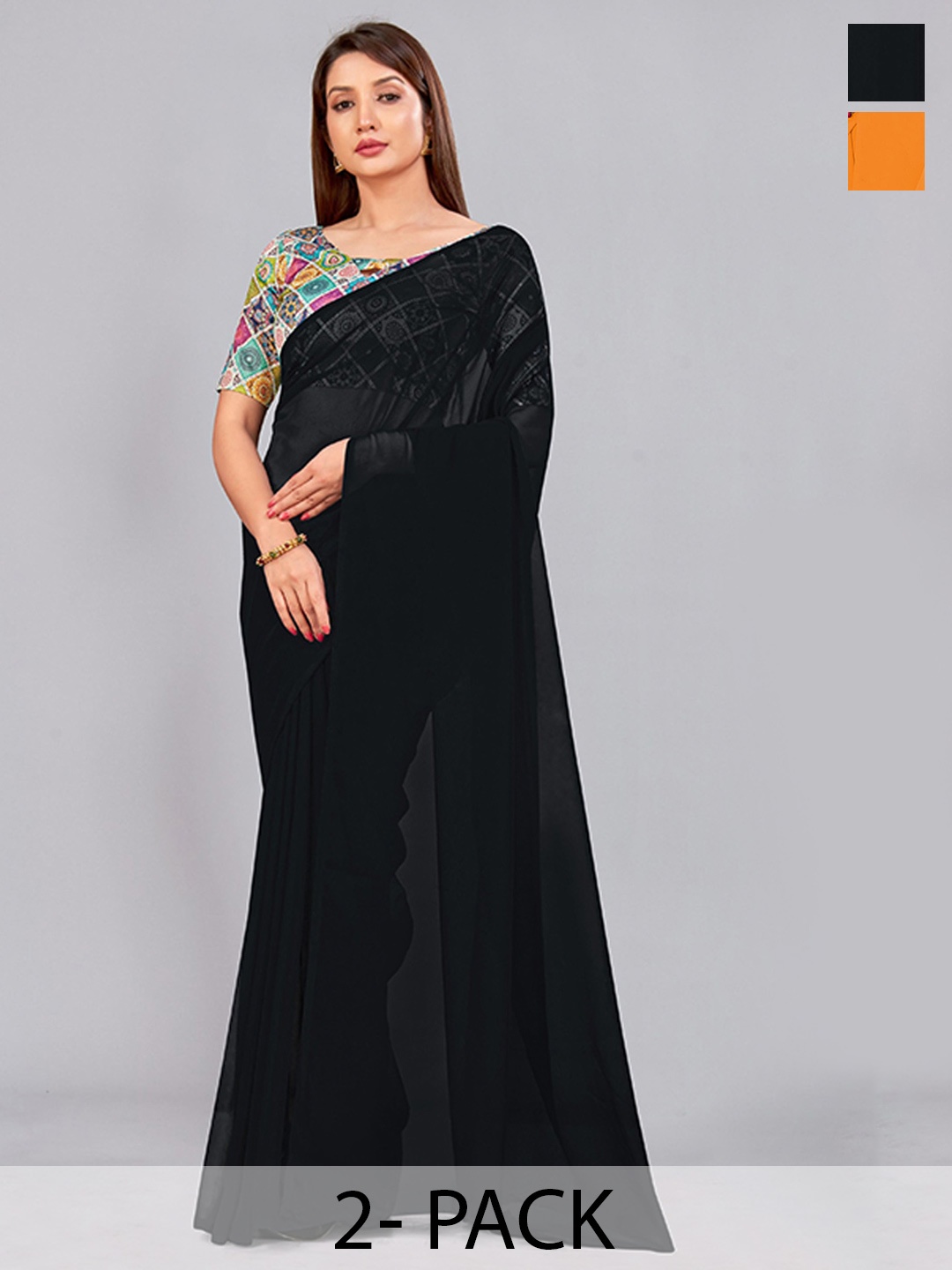 

CastilloFab Selection Of 2 Pure Georgette Saree, Black
