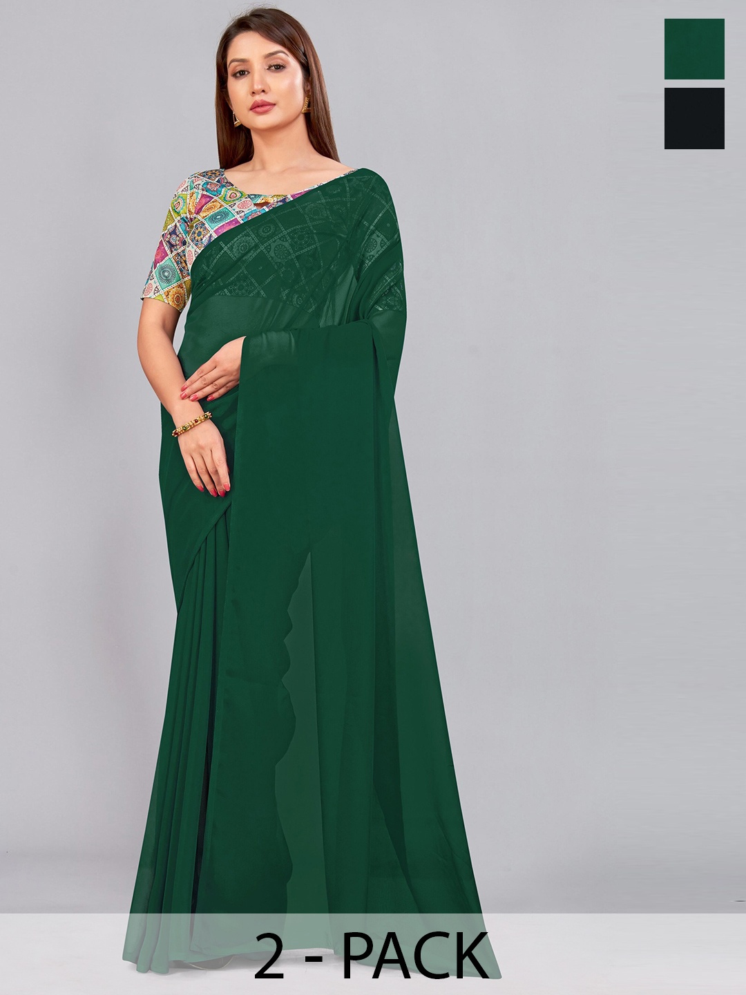 

CastilloFab Selection Of 2 Pure Georgette Saree, Green