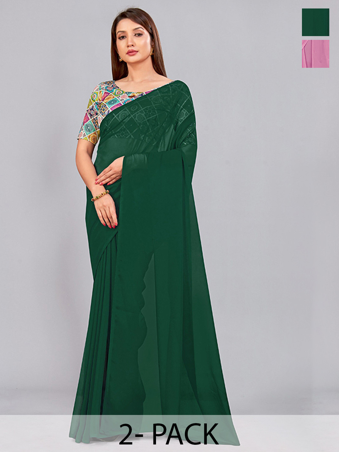 

CastilloFab Selection of 2 Pure Georgette Saree, Green