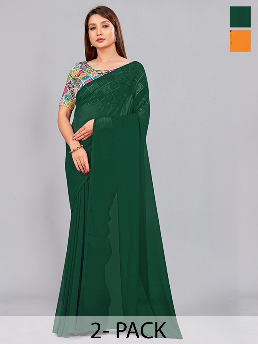 

CastilloFab Selection Of 2 Pure Georgette Saree, Green