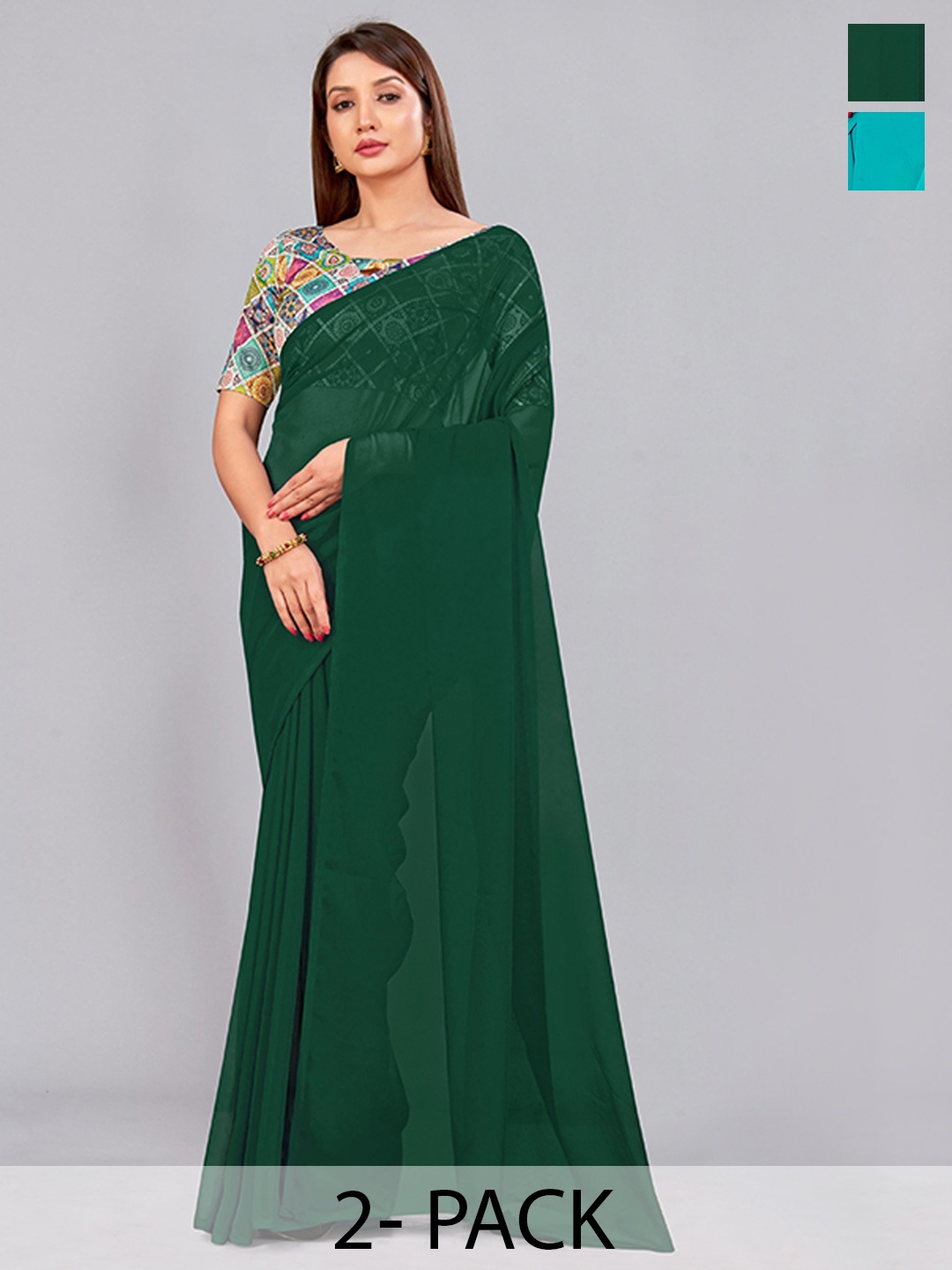 

CastilloFab Selection of 2 Pure Georgette Saree, Green