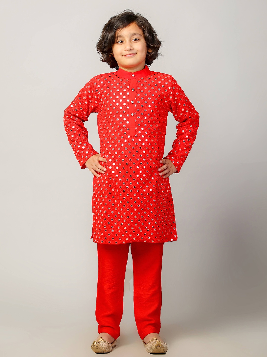 

Folk Culture Clothing Men Ethnic motifs Mandarin Collar Long Sleeves Kurta Set, Red