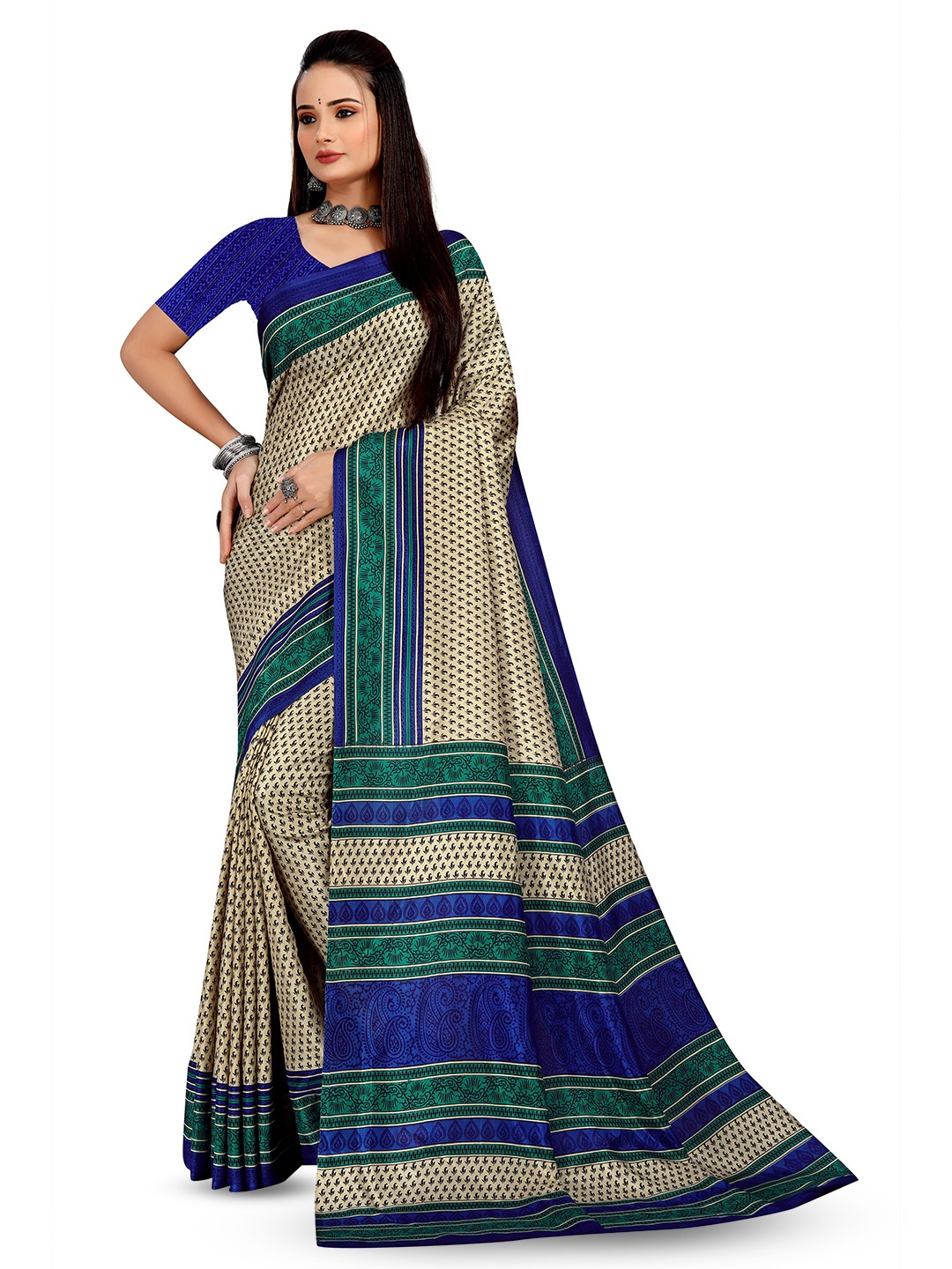 

VIMLA Ethnic Motifs Printed Mysore Silk Saree, Blue