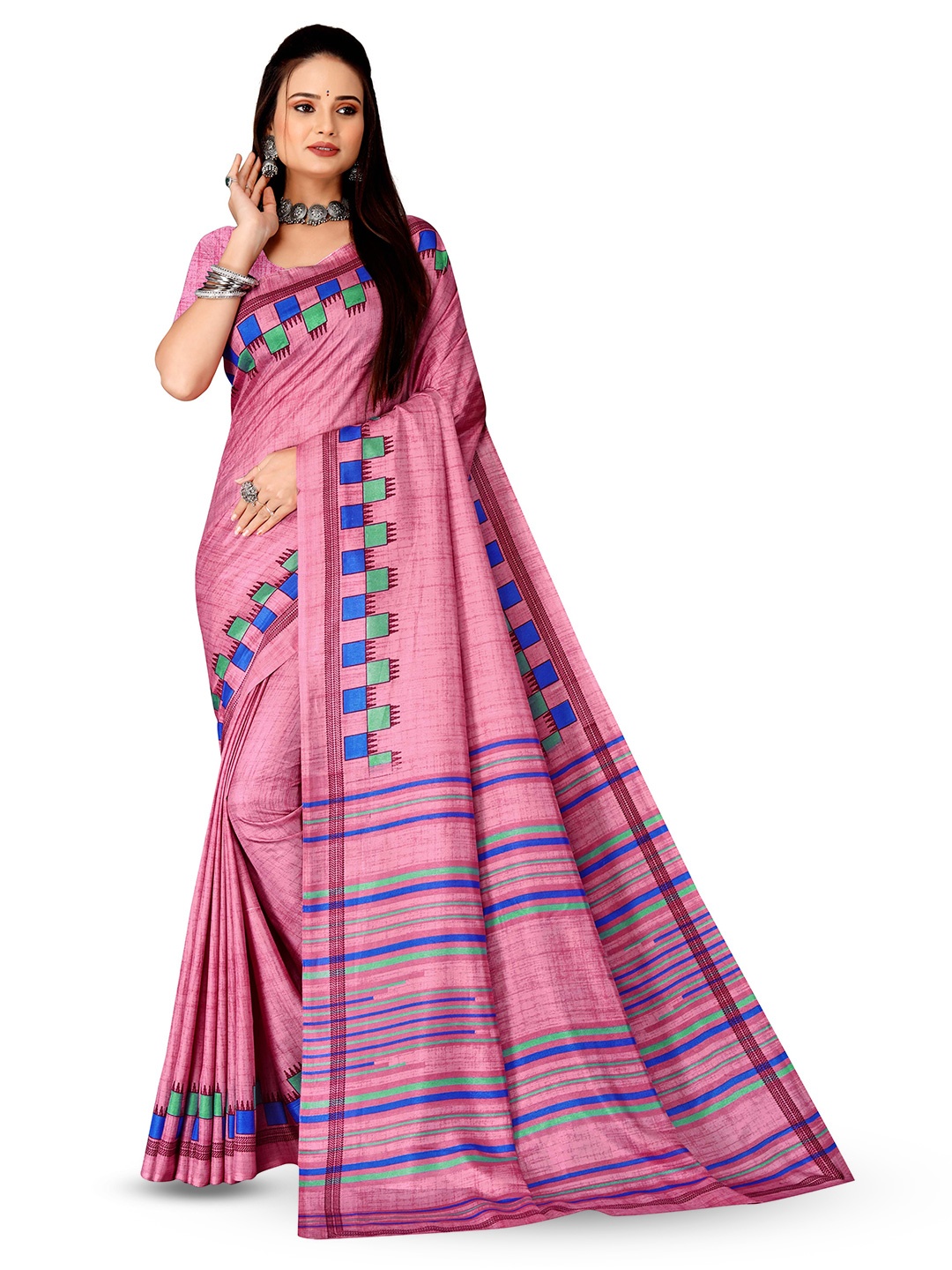 

VIMLA Striped Printed Mysore Silk Saree, Pink