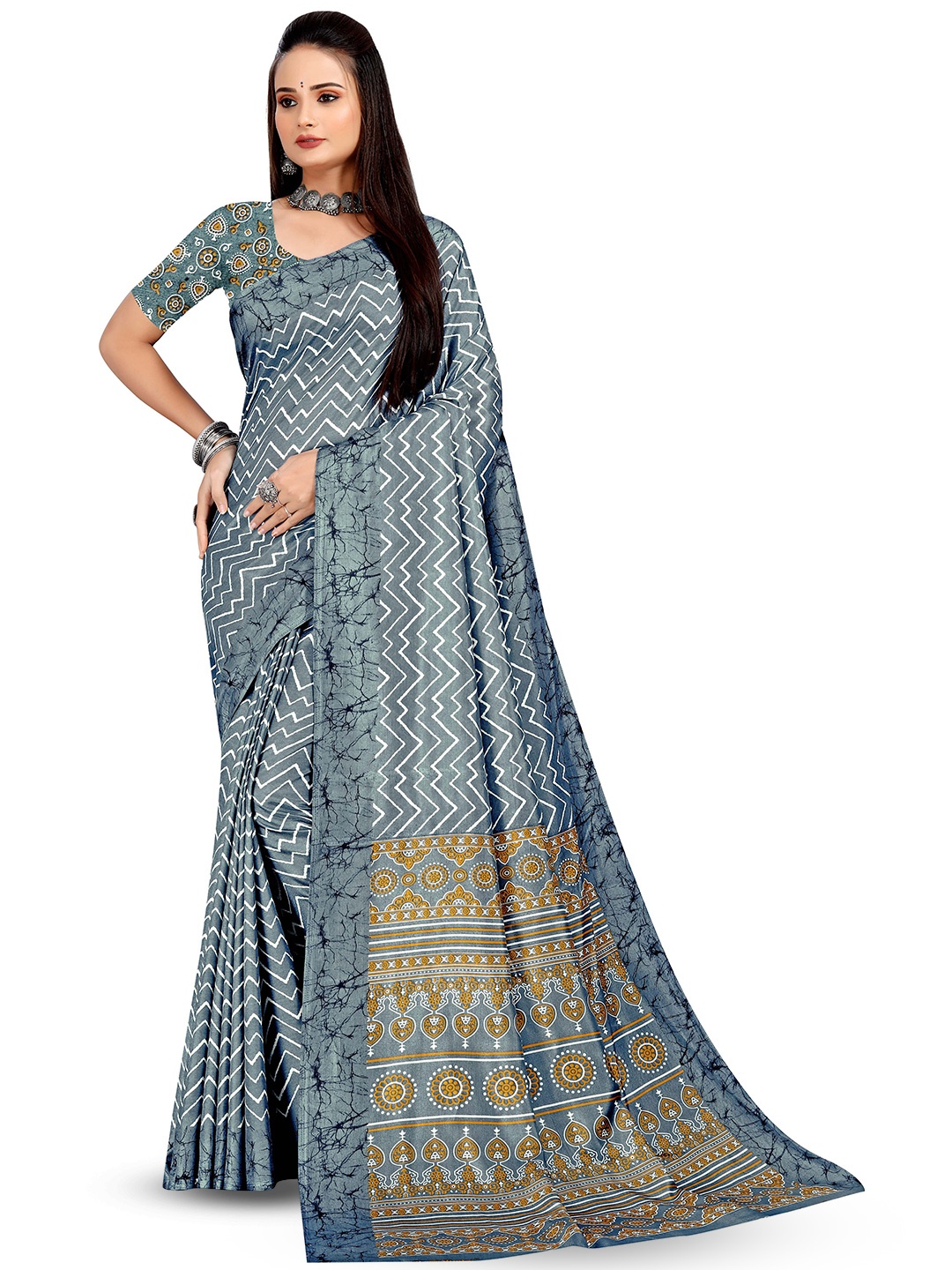 

VIMLA Ethnic Motifs Printed Mysore Silk Saree, Grey