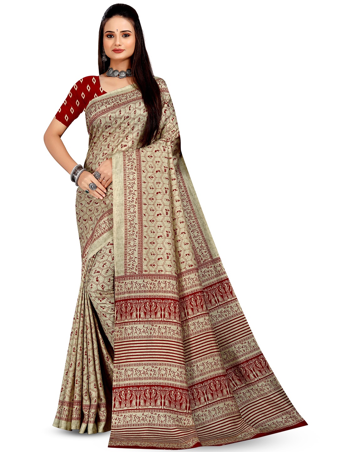 

VIMLA Ethnic Motifs Printed Mysore Silk Saree, Beige