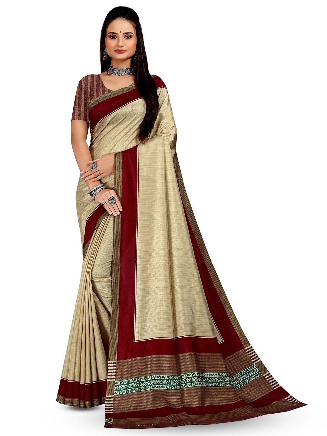 

VIMLA Striped Printed Mysore Silk Saree, Maroon