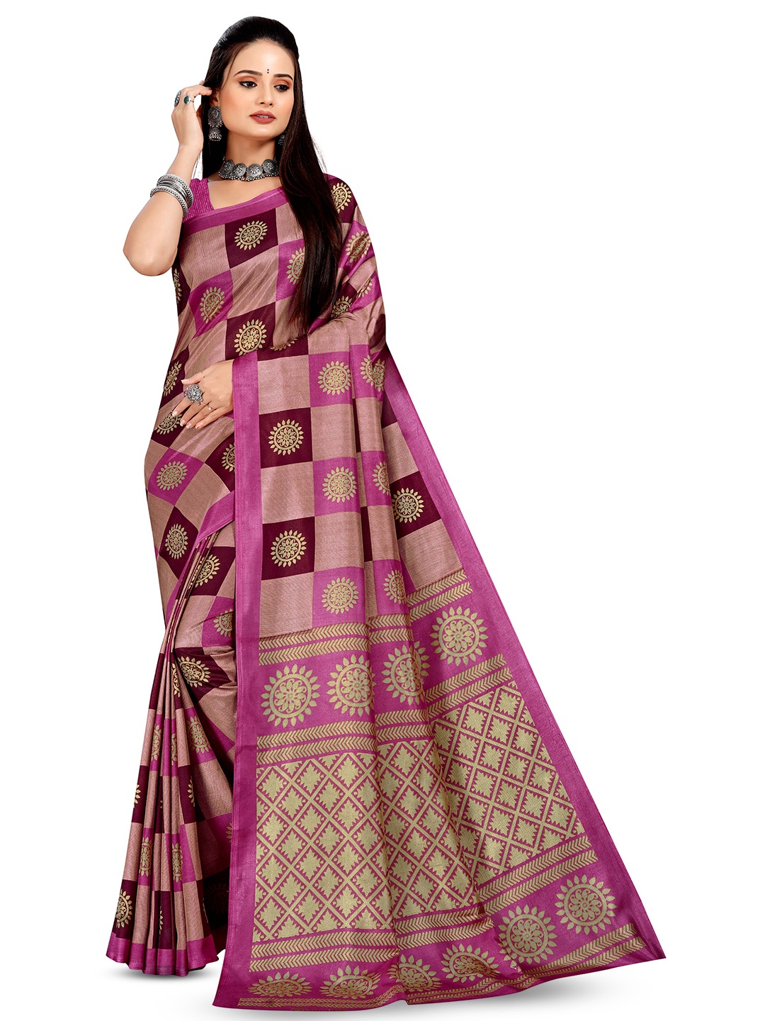 

VIMLA Ethnic Motifs Printed Mysore Silk Saree, Pink