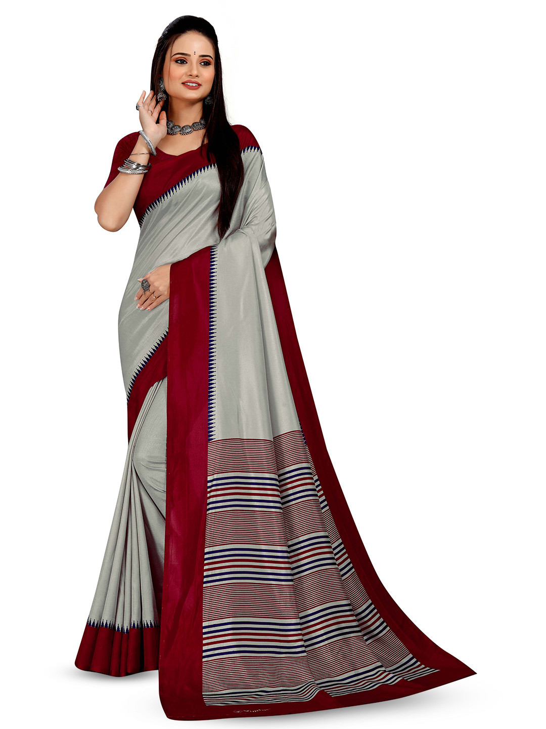 

VIMLA Striped Printed Mysore Silk Saree, Grey