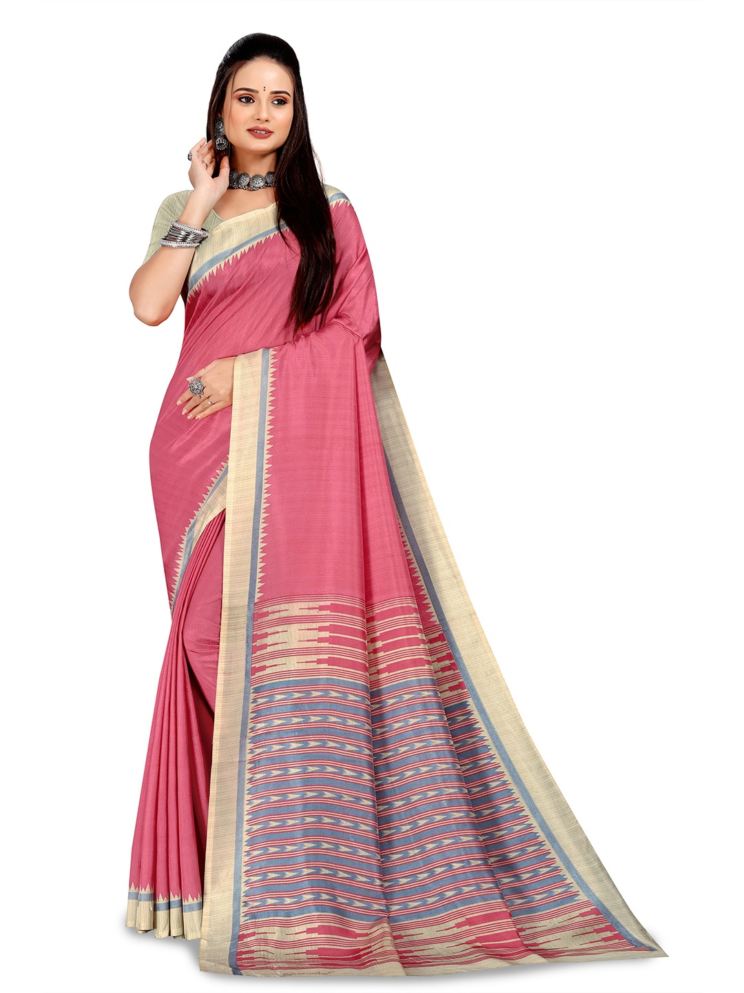 

VIMLA Striped Printed Mysore Silk Saree, Pink