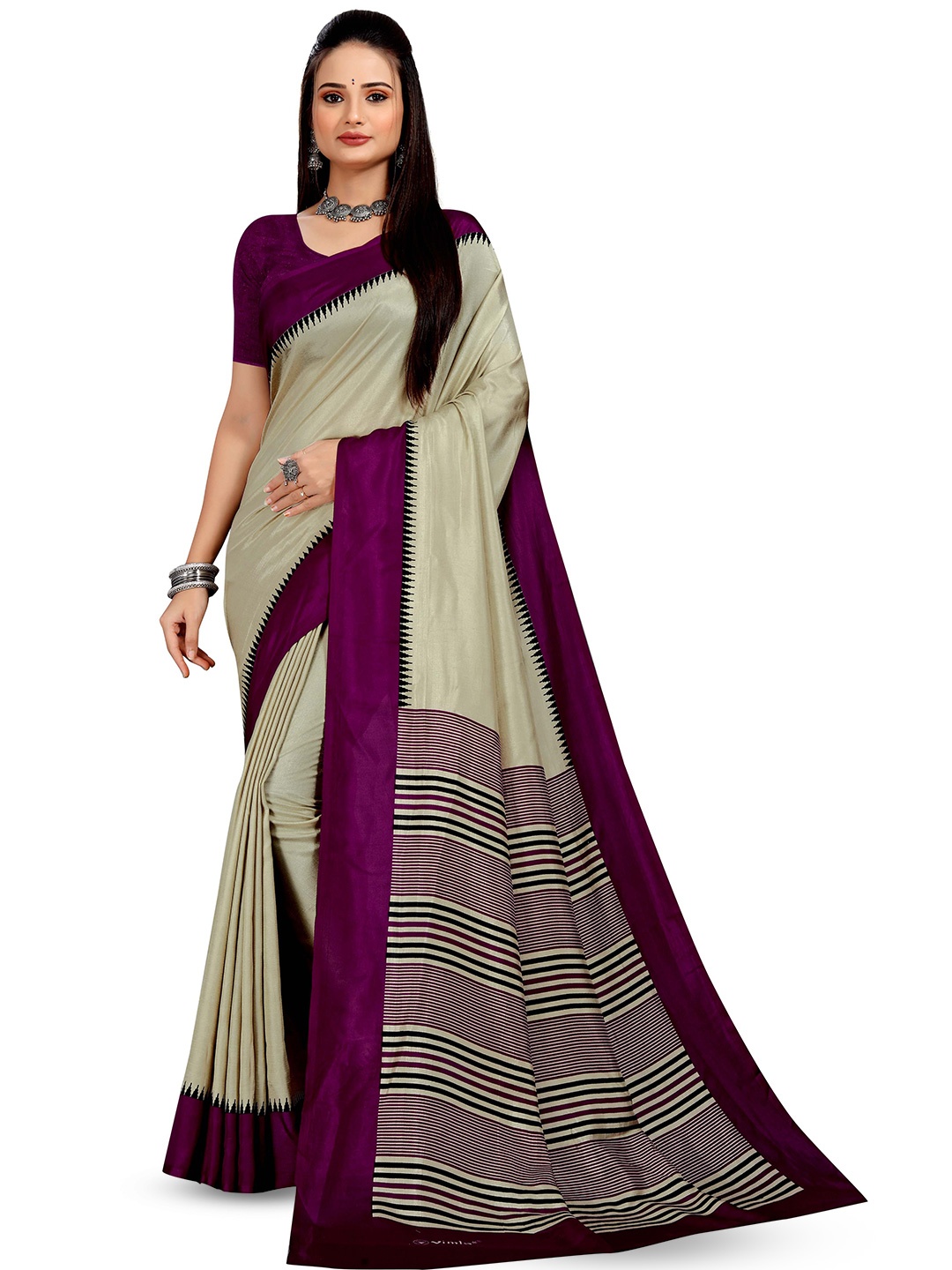 

VIMLA Striped Printed Mysore Silk Saree, Magenta