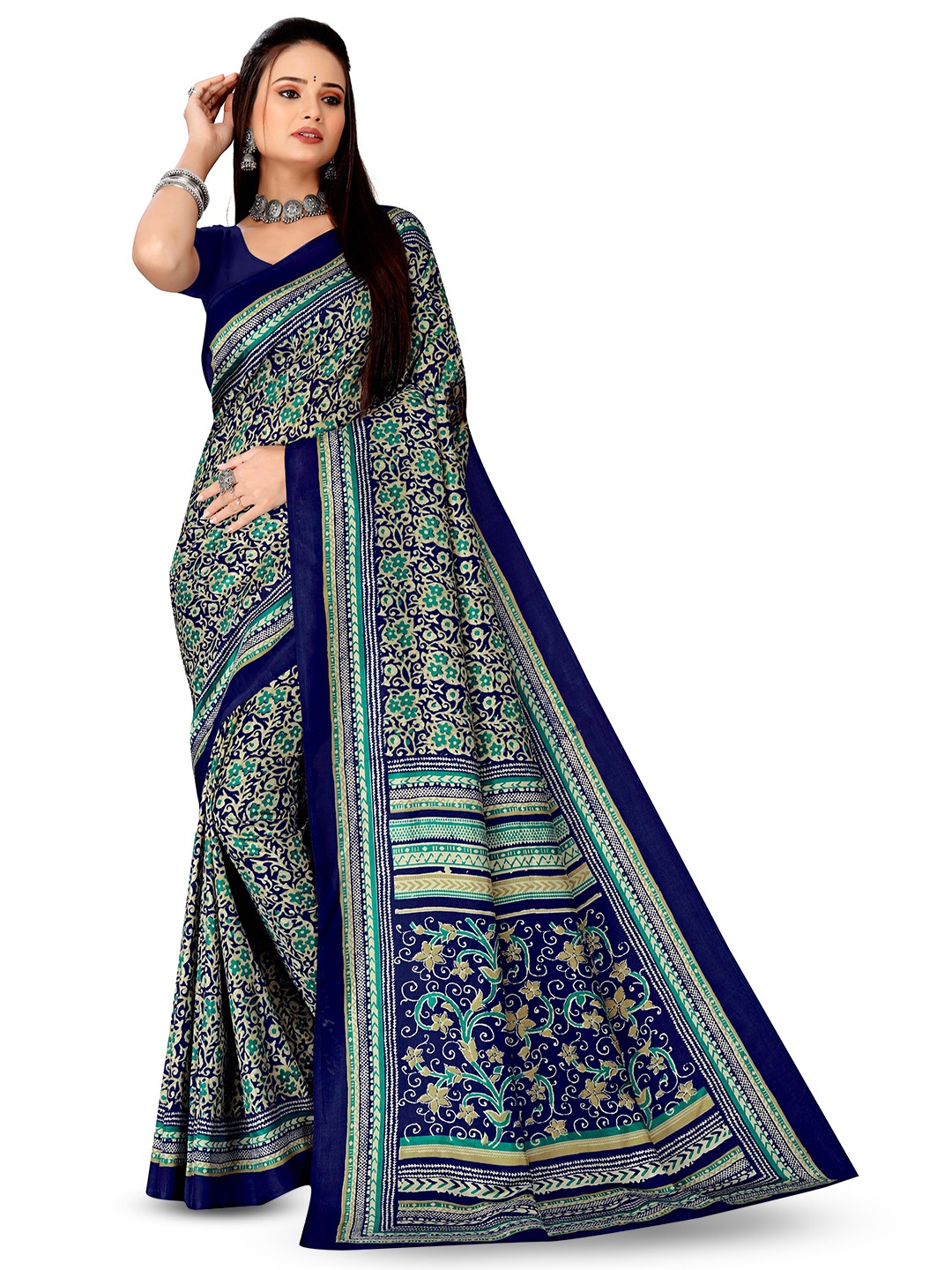 

VIMLA Ethnic Motifs Printed Mysore Silk Saree, Blue