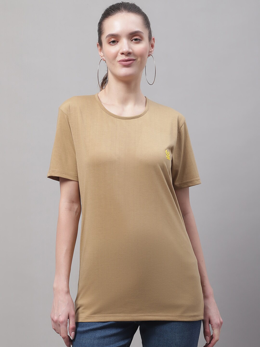 

VIMAL JONNEY Round Neck Longline Cotton T-shirt, Beige