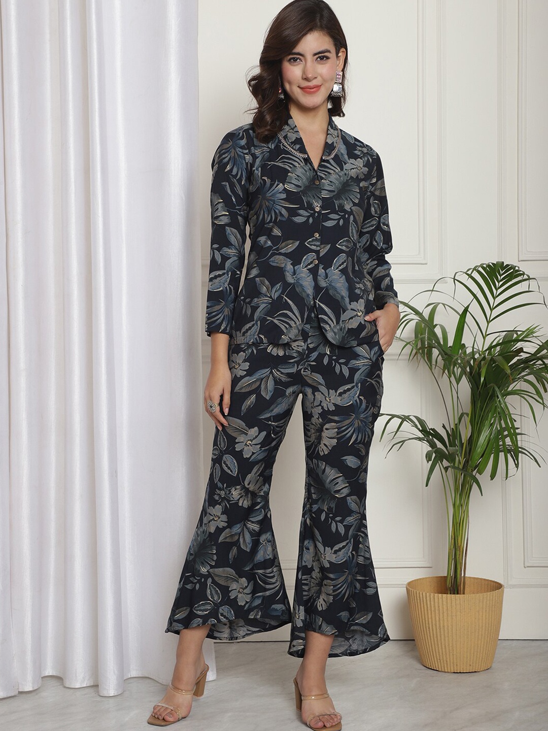 

Claura Floral Printed Tunic & Trousers Co-Ords, Navy blue