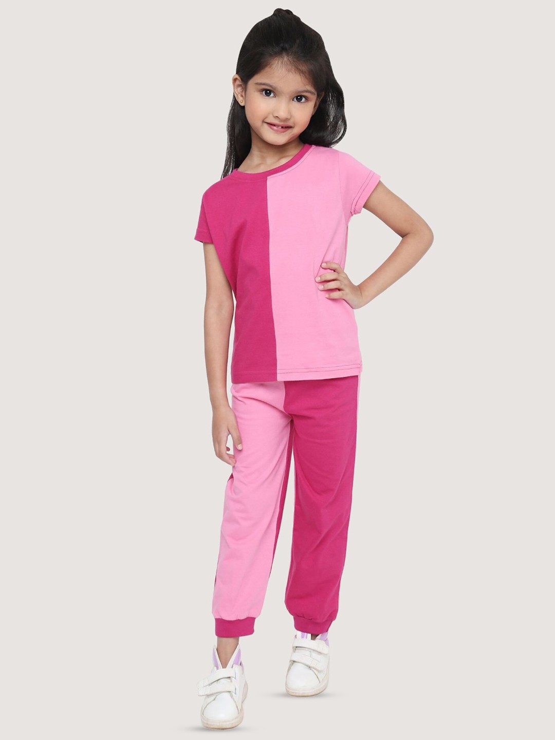 

BLANCD Girls Colourblocked Pure Cotton T-shirt with Trousers, Pink