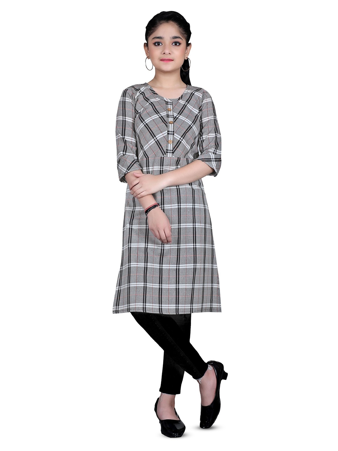 

BAESD Girls Checked Round Neck Straight Kurta, Grey