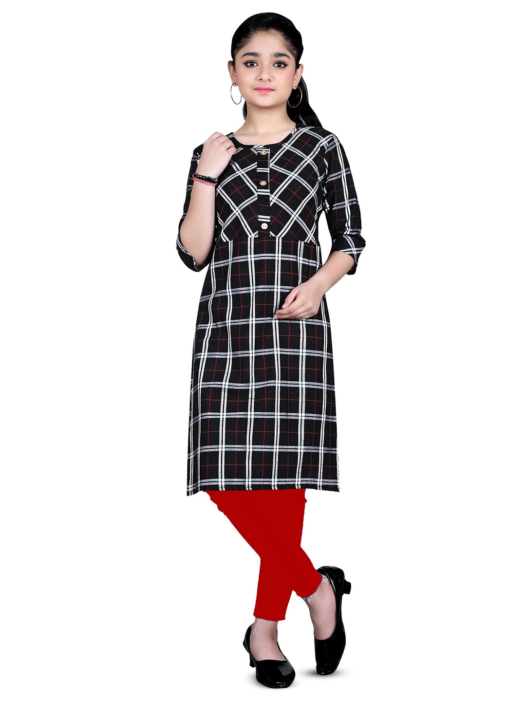 

BAESD Girls Checked Round Neck Straight Kurta, Black