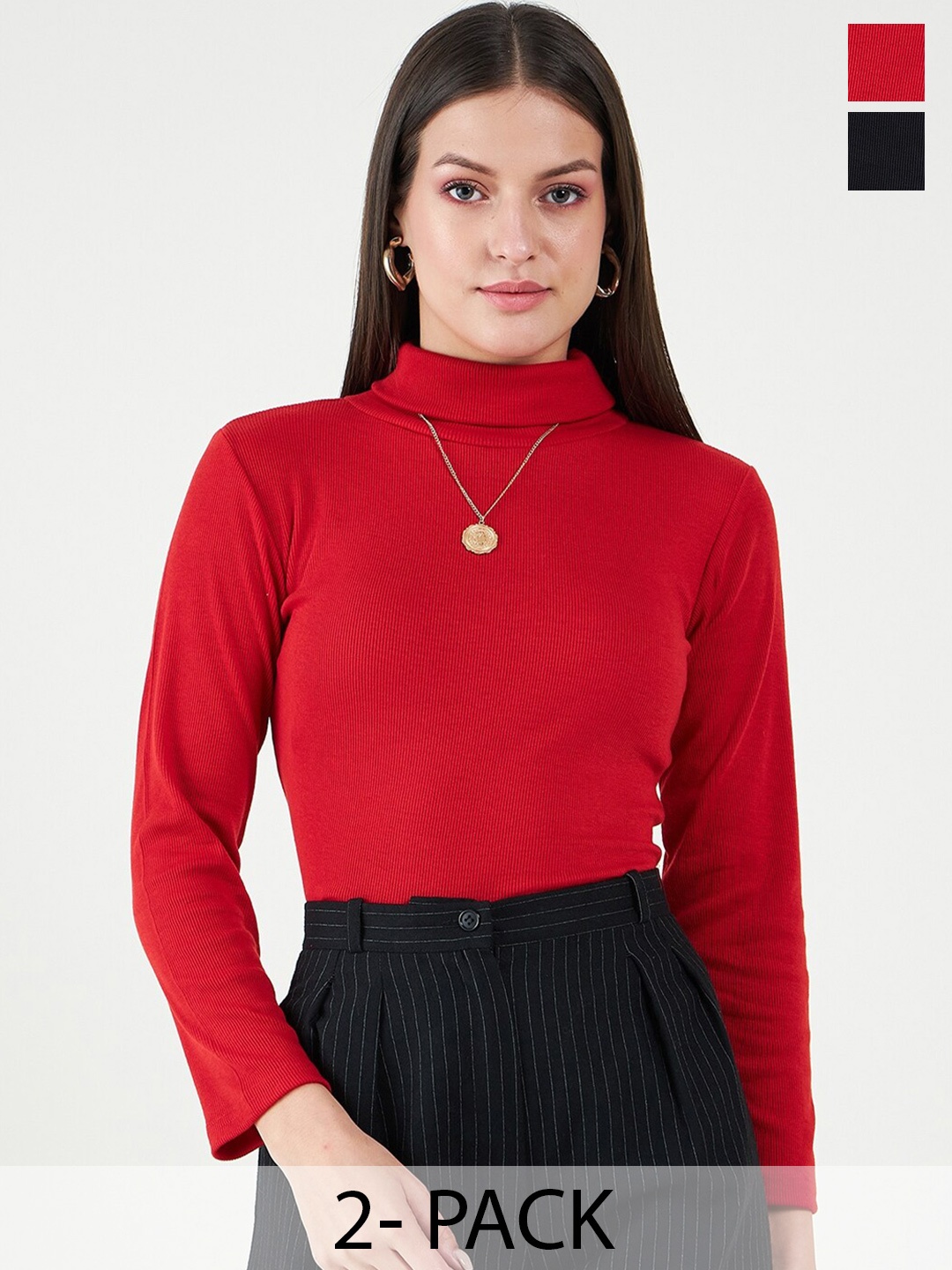 

Bitterlime Pack Of 2 Long Sleeves Turtle Neck Cotton Tops, Black