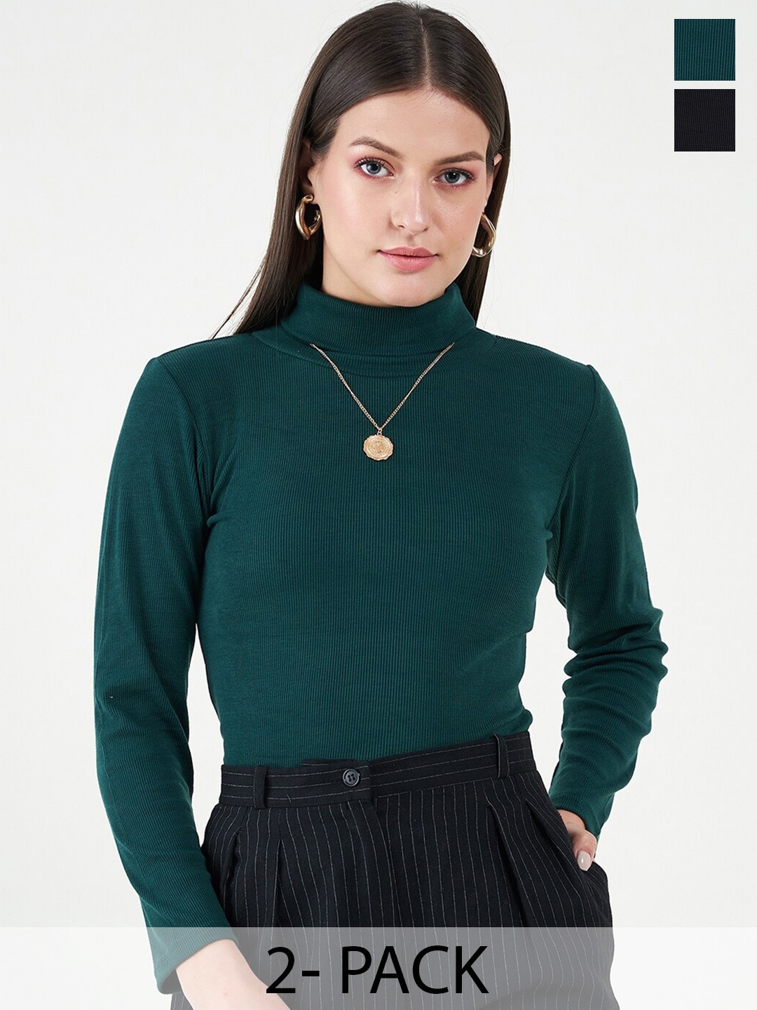 

Bitterlime Pack Of 2 Long Sleeves Turtle Neck Cotton Tops, Black