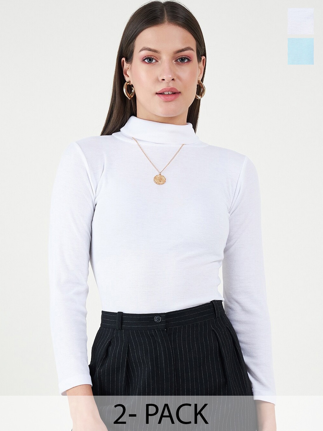 

Bitterlime Pack Of 2 Long Sleeves Turtle Neck Cotton Tops, White