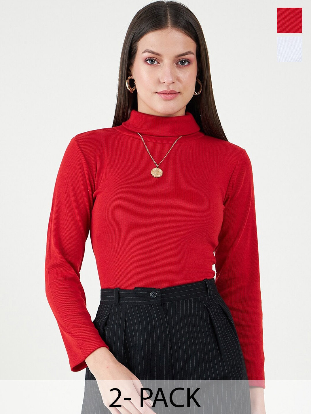 

Bitterlime Set of 2 Long Sleeves Turtle Neck Top, Red