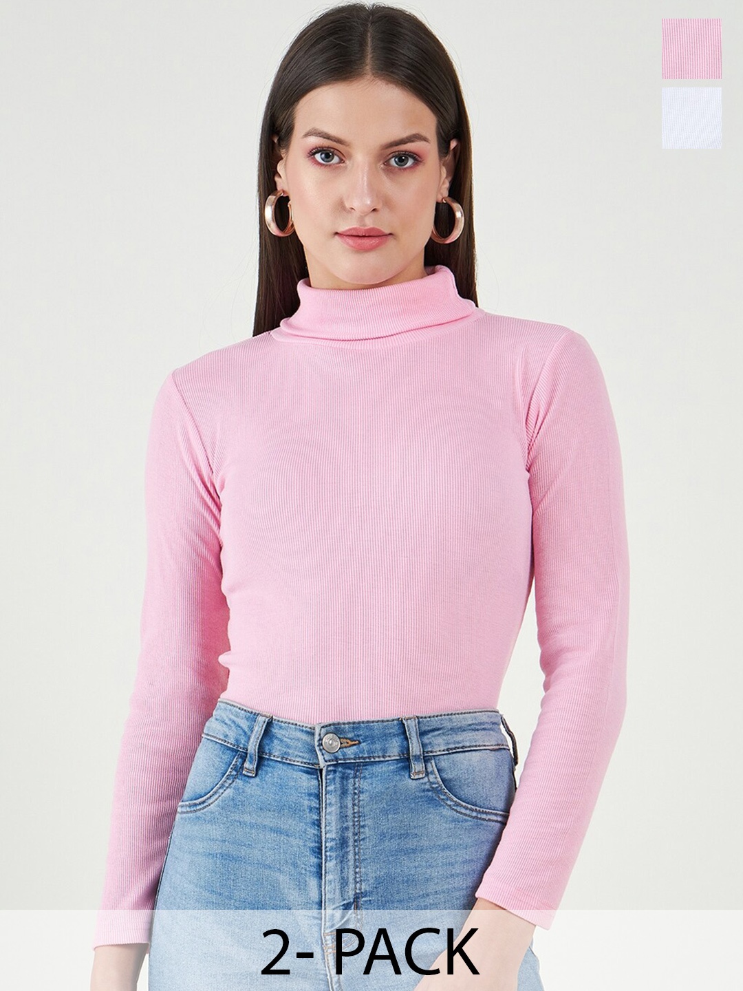 

Bitterlime Set of 2 Long Sleeves Turtle Neck Fitted Cotton Top, Pink