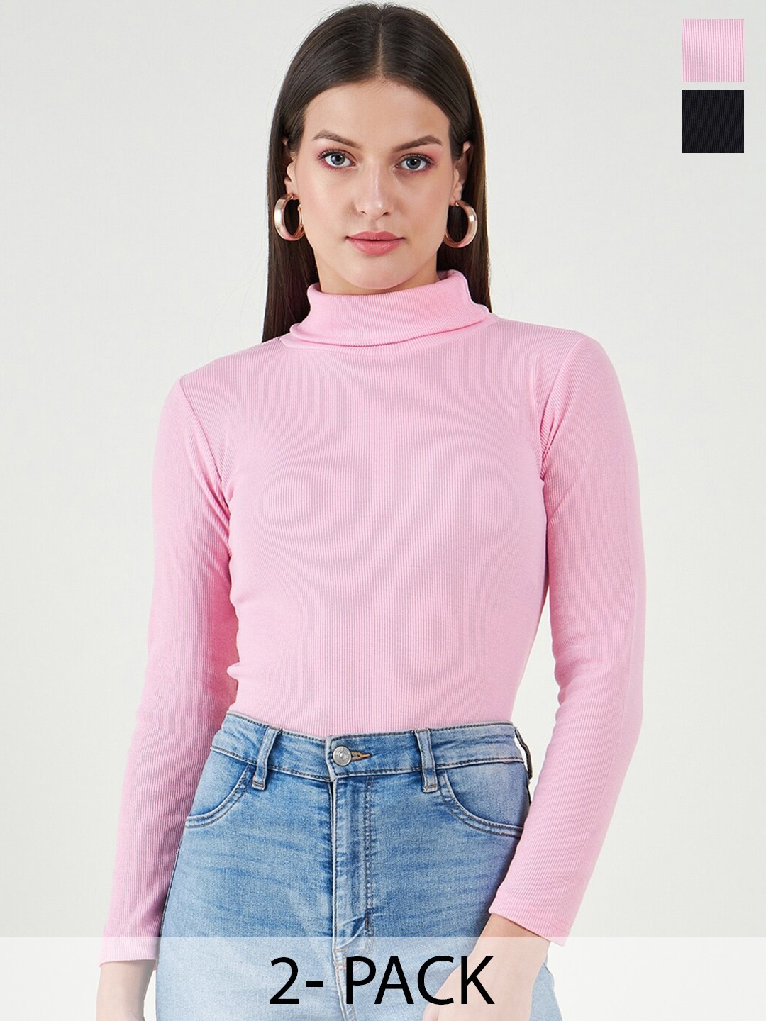 

Bitterlime Pack Of 2 Long Sleeves Turtle Neck Cotton Tops, Black