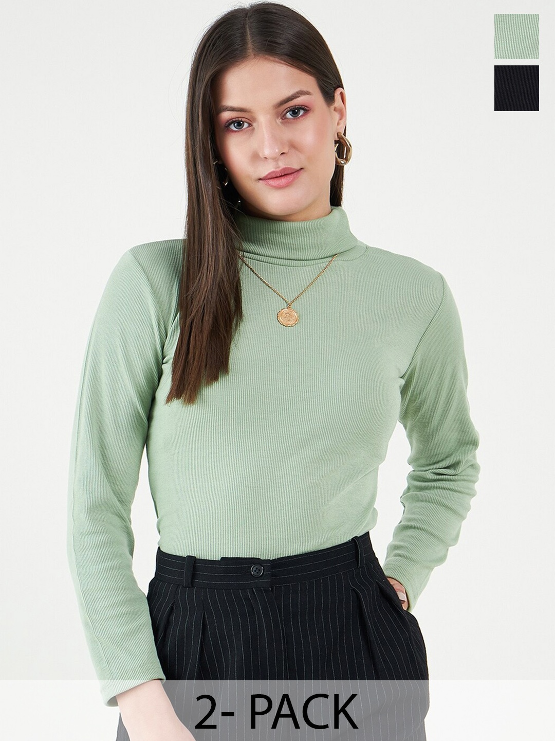 

Bitterlime Pack Of 2 Long Sleeves Turtle Neck Cotton Tops, Black