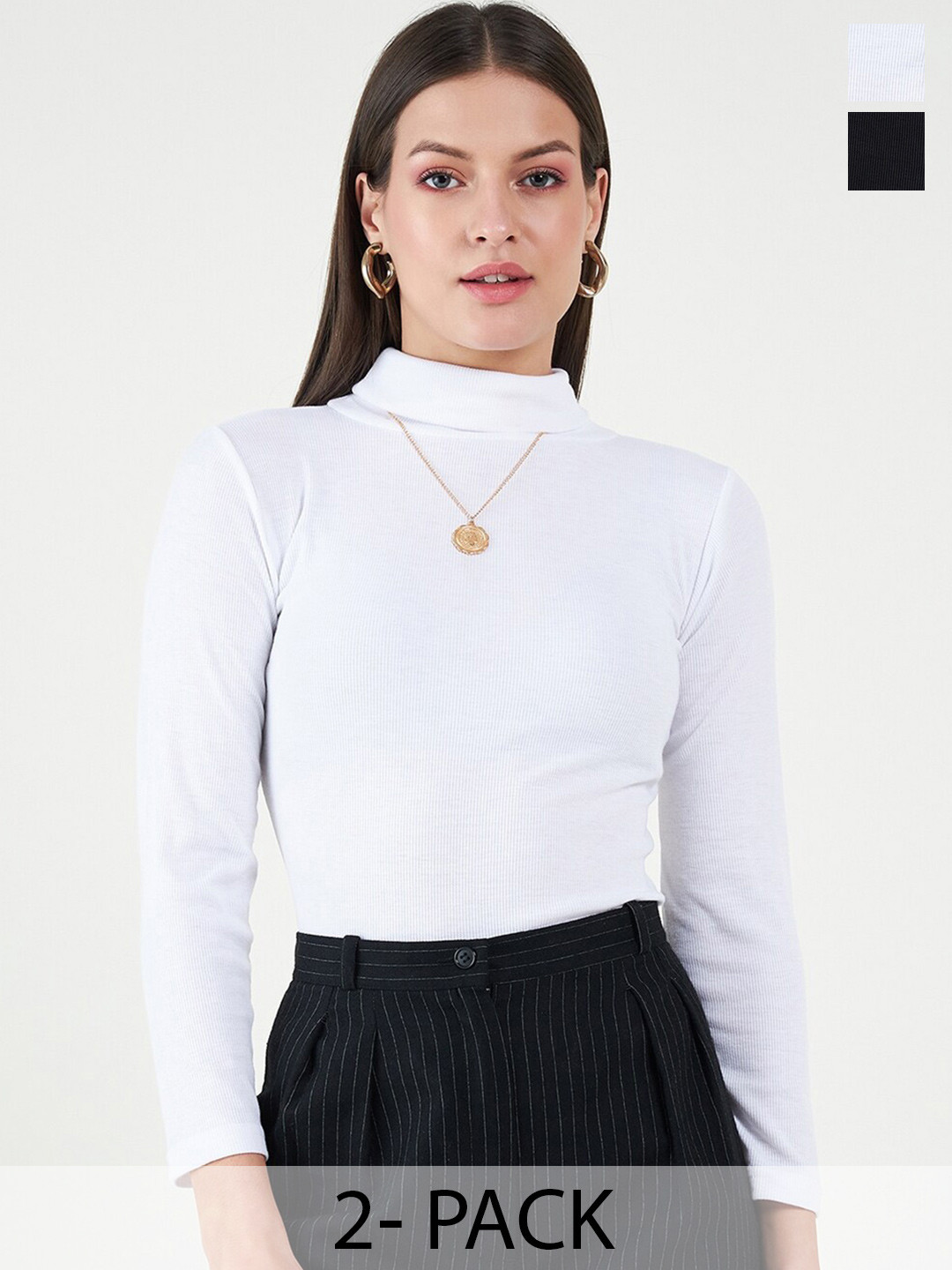

Bitterlime Pack Of 2 Long Sleeves Turtle Neck Cotton Tops, Black