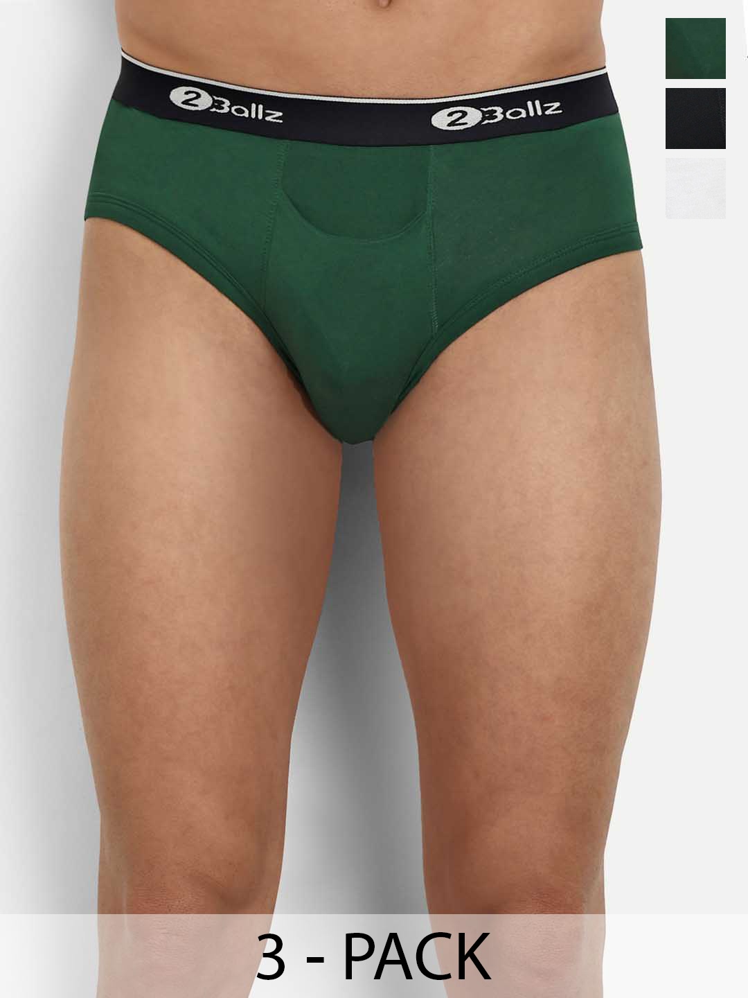 

2BALLZ Pack Of 3 Mid-Rise Anti-Bacterial Boxer-Style Briefs, Black
