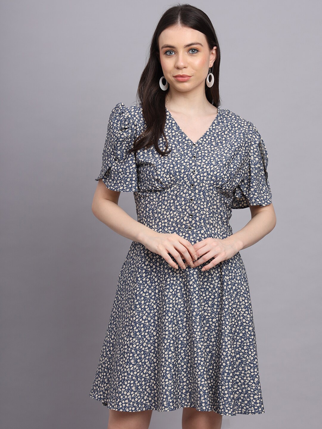 

Hinaya Printed V-Neck Fit & Flare Dress, Grey