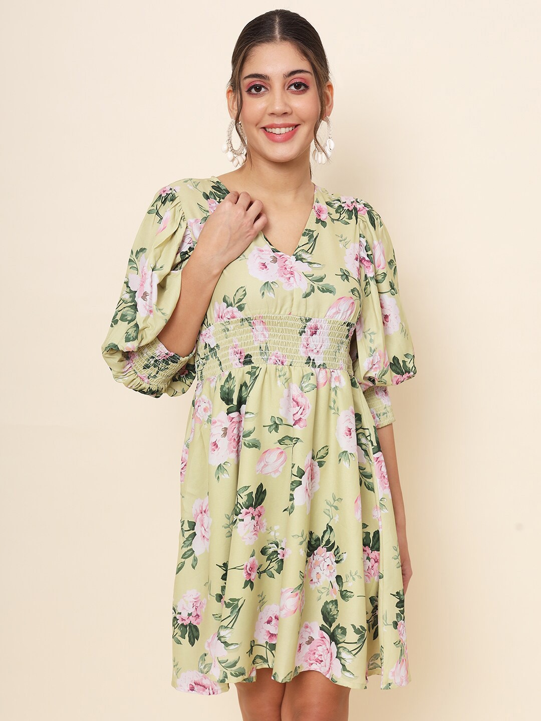 

Hinaya Floral Printed Bishop Sleeve Georgette Smoke Western Dress, Yellow