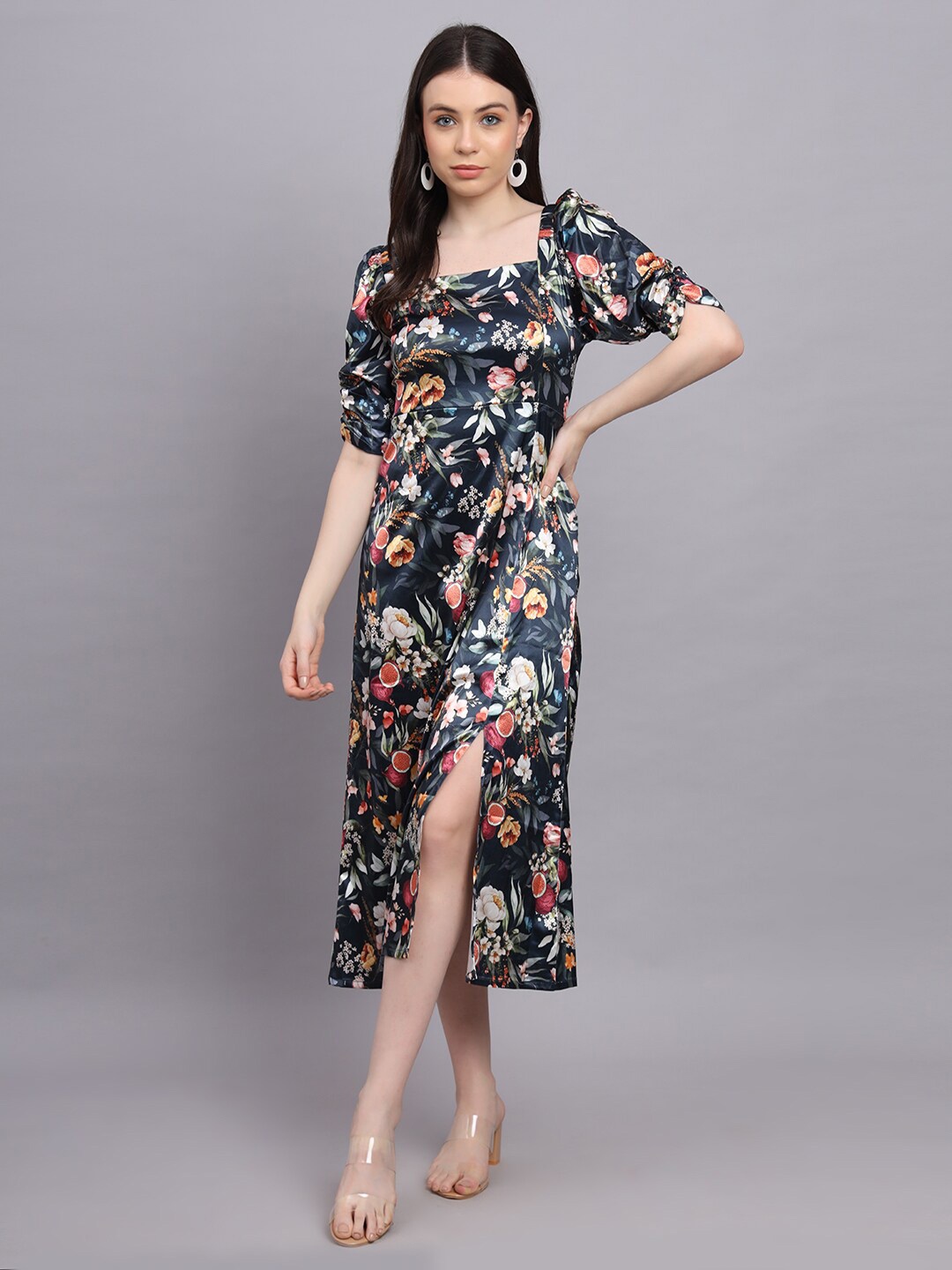 

Hinaya Floral Printed Puff Sleeve Satin Fit & Flare Smoke Western Maxi Dress, Black
