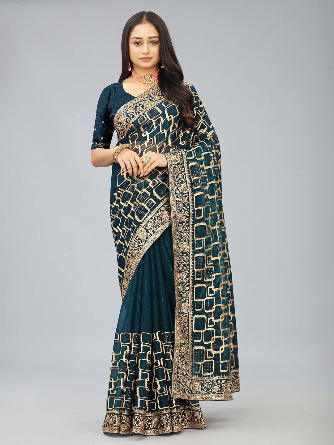 

Hinaya Geometric Embroidered Embellished Beads and Stones Saree, Teal
