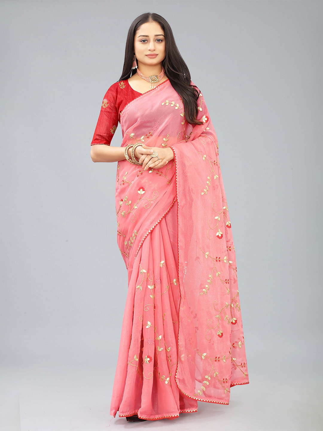 

Hinaya Floral Embroidered Embellished Gotta Patti Saree, Pink