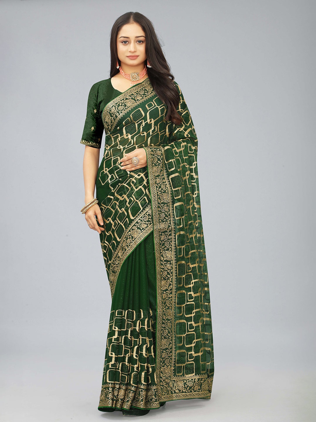 

Hinaya Geometric Embellished Embroidered Beads and Stones Saree, Green