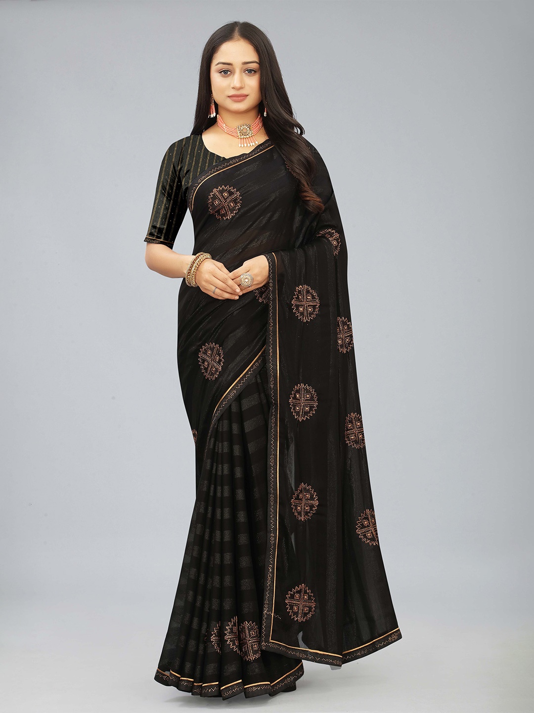 

Hinaya Black & Gold-Toned Striped Beads and Stones Embroidered Saree