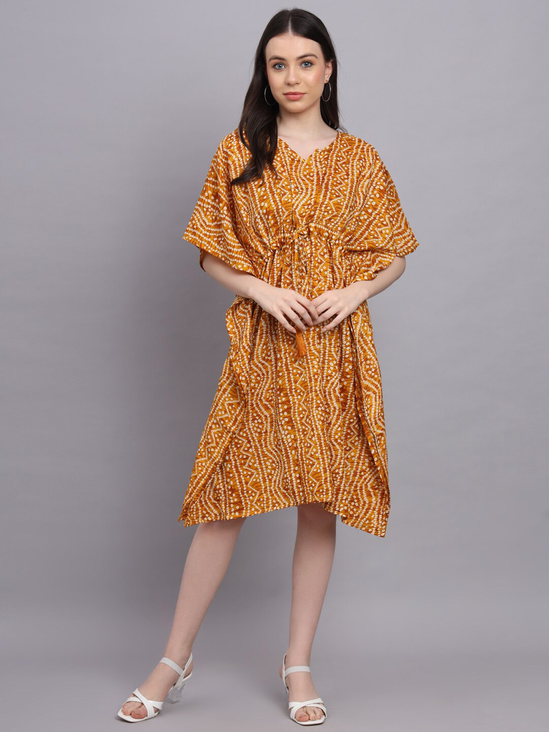 

Hinaya Bandhani Printed Kaftan Dress, Mustard