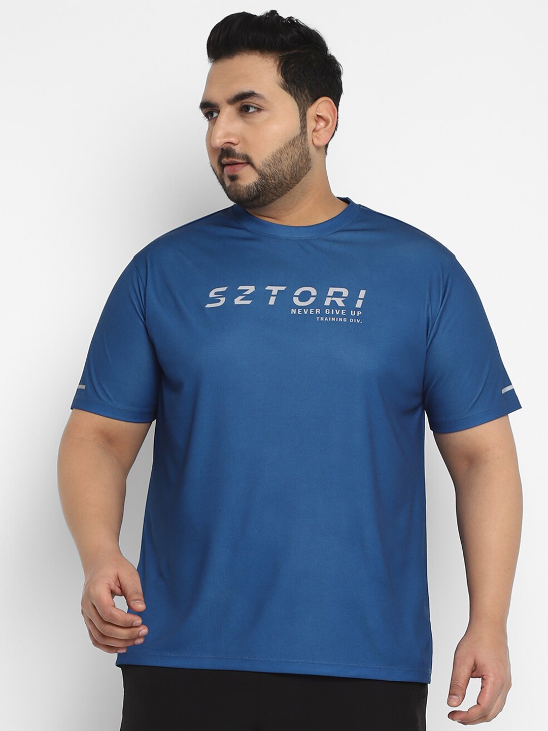 

Sztori Plus Size Active Wear Typography Printed T-shirt, Blue